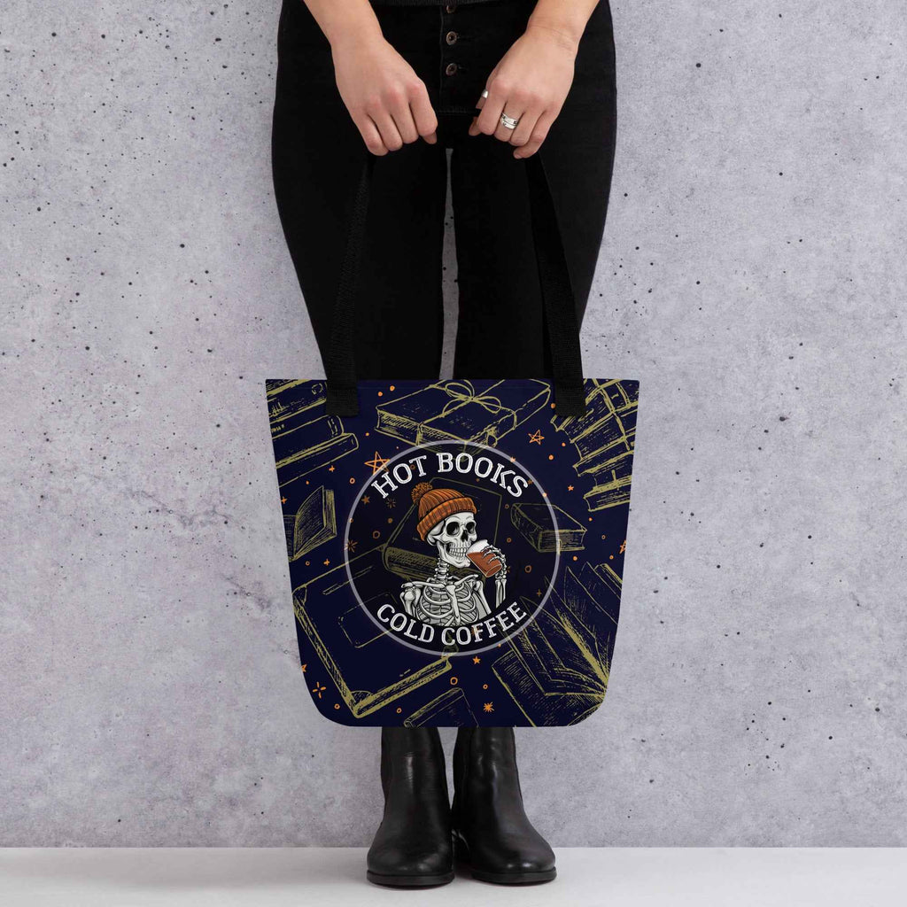 Hot Books Cold Coffee Skeleton Reader Design | Tote Bag