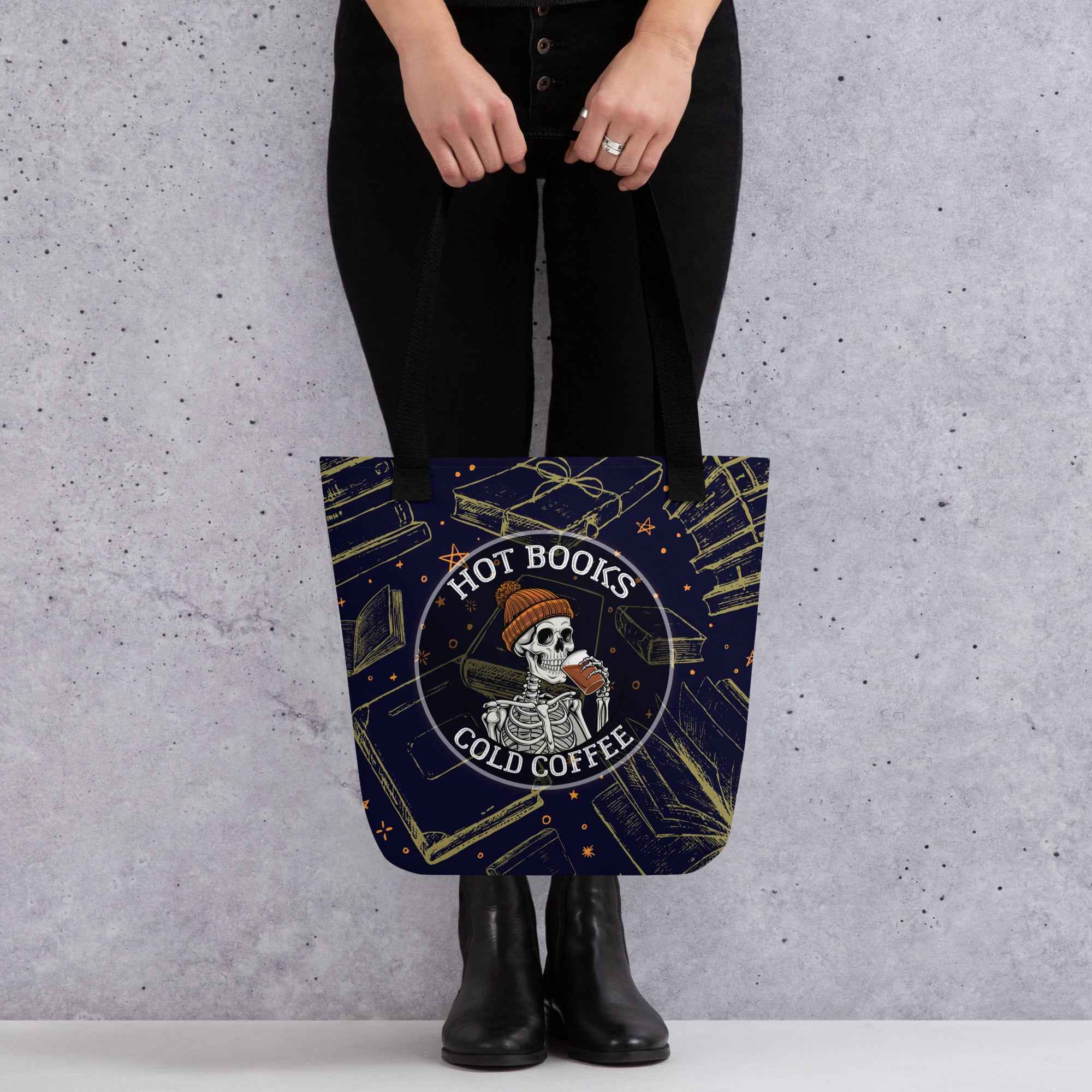 Hot Books Cold Coffee Skeleton Reader Design | Tote Bag