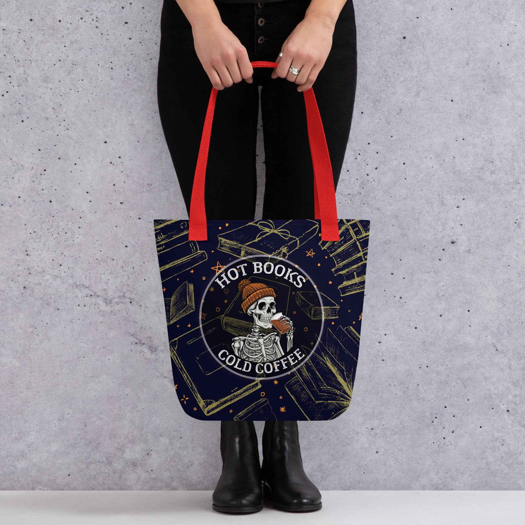 Hot Books Cold Coffee Skeleton Reader Design | Tote Bag