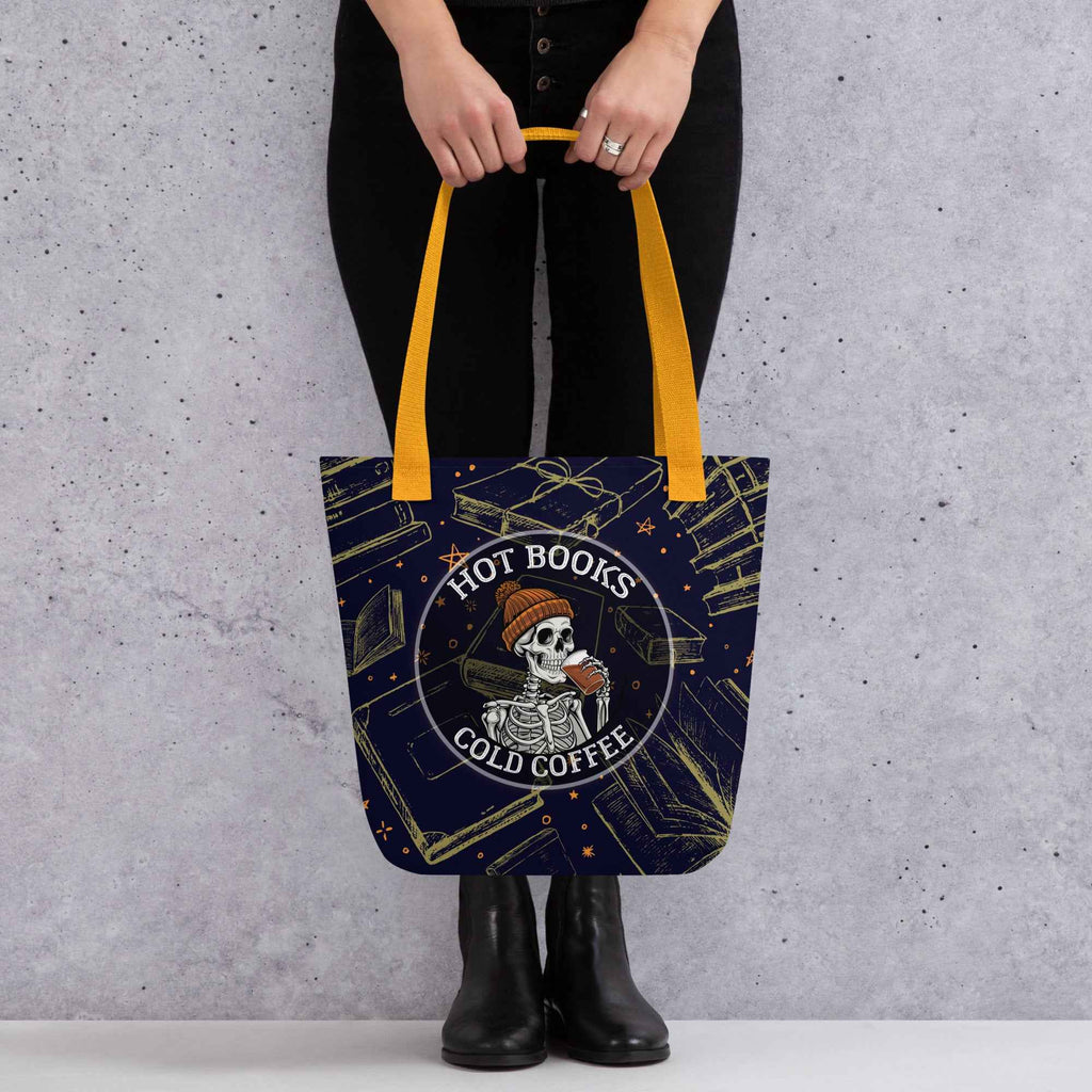 Hot Books Cold Coffee Skeleton Reader Design | Tote Bag