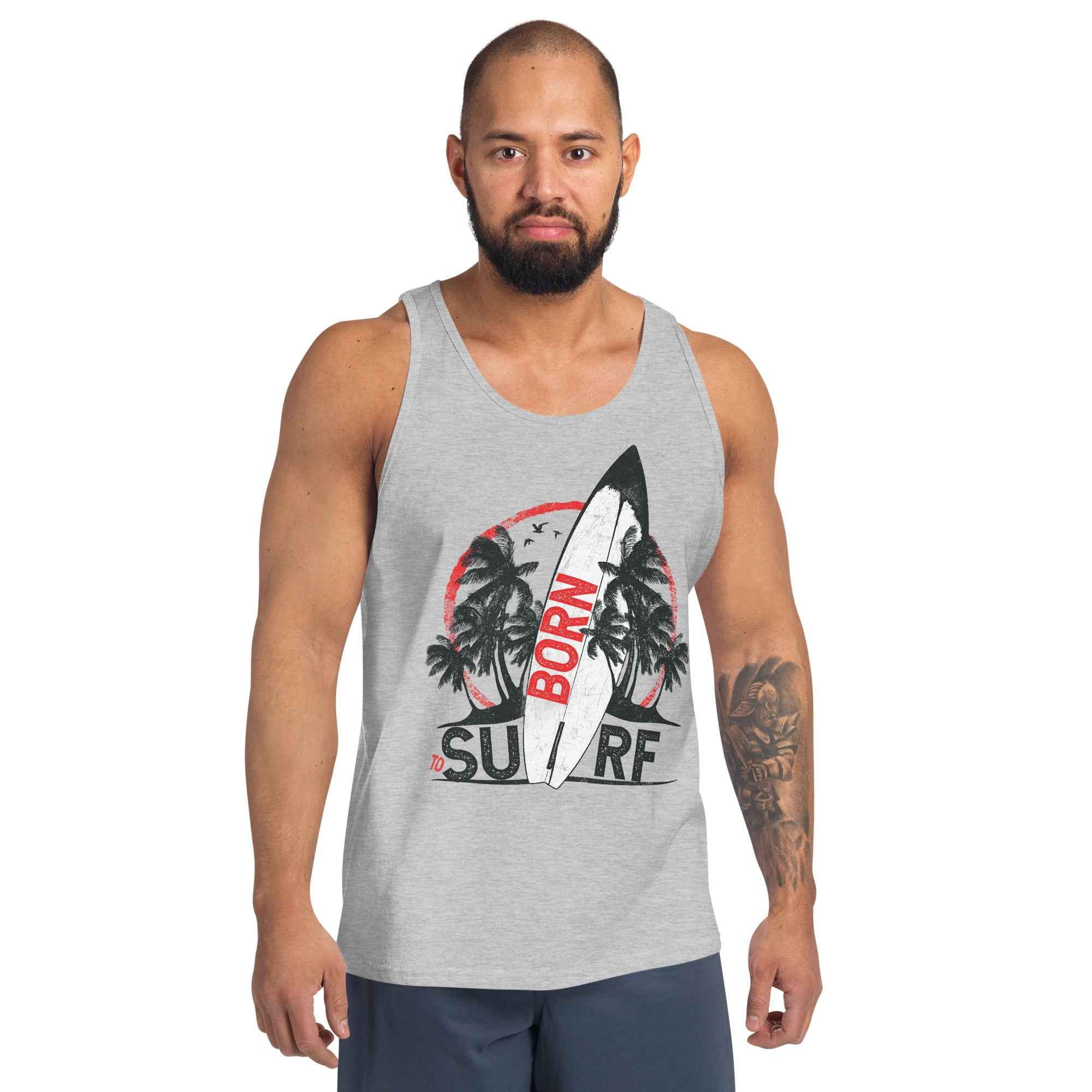 Born To Surf Surfboard Vintage Beach Palm Tree | Men's Tank Top