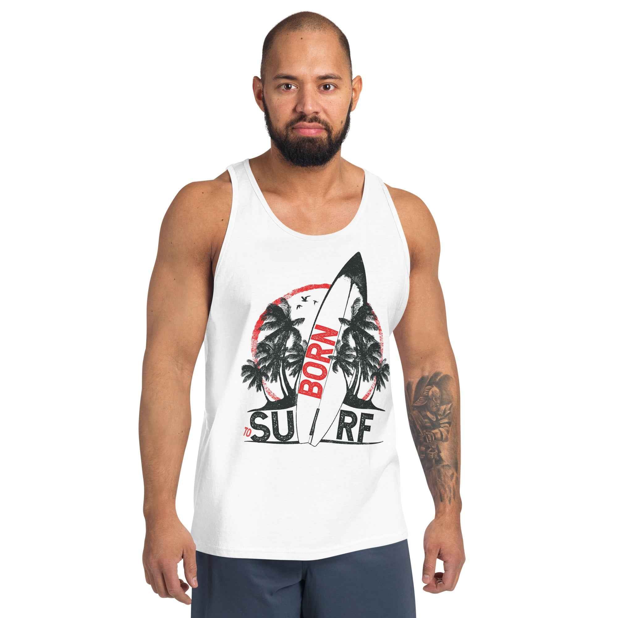Born To Surf Surfboard Vintage Beach Palm Tree | Men's Tank Top